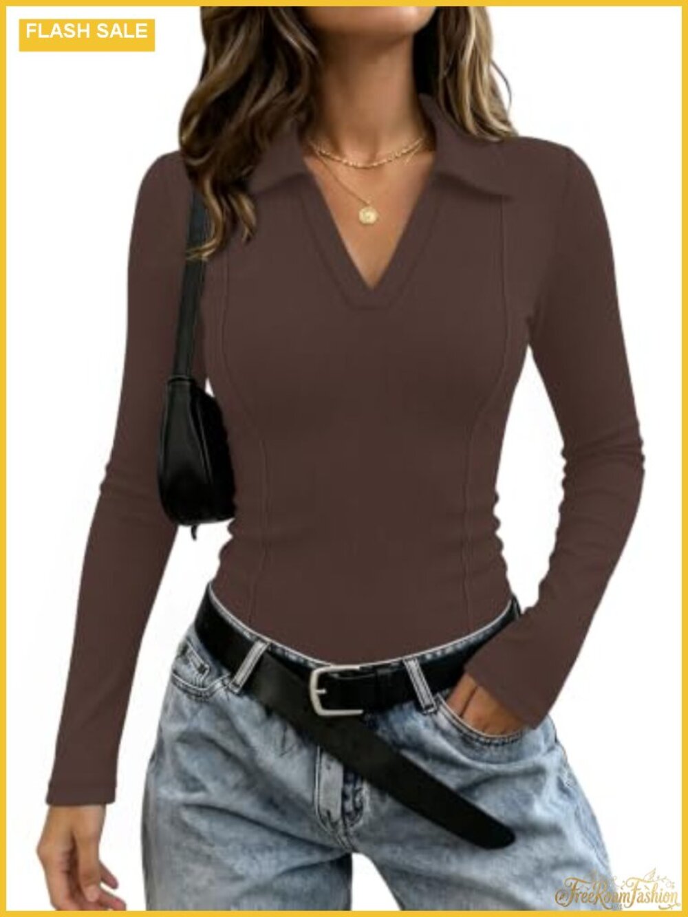 Womens Long Sleeve Collared V Neck Ruched Fitted Business Casual Top